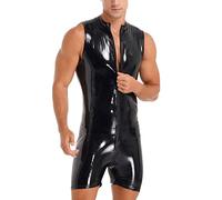 JEATHA Herren Leder Overall Kurz Jumpsuit Wetlook Ärmellos Body Bodysuit mit Reißverschluss Kuntleder Männerbody Boxershorts Lack-Optik Unterhemd Clubwear Schwarz A M