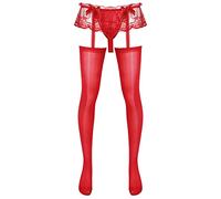 JEATHA Herren Transparent Strumpfhose G-String Tanga mit Strumpfhalter Männer Lang Unterhose Leggings Pantyhose Thong T-Back Briefs Reizwäsche Sissy Unterwäsche Rot B One Size