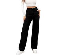 Jeggings Damen High Waist Damen Jeans mit weitem Bein, hoher Taille, Dehnbare Jeans, gerades Bein, Jeanshose mit schrägen Taschen Damenjeans Damen Jeans Weites Bein High Waist (Black, L)