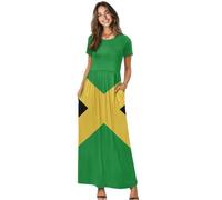 Jeiento Damen Sommer Kurzarm Kleid Casual Maxikleid mit Tasche Flowy Strandkleider Cocktail Sommerkleid Sommer Outfit, Jamaika-Flaggenmuster, 3XL