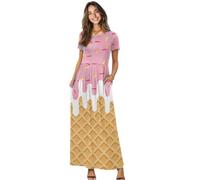 Jeiento Maxikleid für Damen, kurzärmelig, lässig, Sommer, langes Kleid, Übergröße, hohe Taille, Floyd-Cocktailkleider mit Tasche, IceCream, XXL