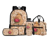 Jeiento Schulranzen-Set für Jungen und Mädchen, 43,2 cm, mit isolierter Lunchtasche, Federmäppchen, Wasserflasche, Tragetasche, Kinderreise, Tagesrucksack, 4 Stück, Niedliche Capybara, Einheitsgröße