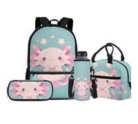 Jeiento Schulranzen-Set für Jungen und Mädchen, 43,2 cm, mit isolierter Lunchtasche, Federmäppchen, Wasserflasche, Tragetasche, Kinderreise, Tagesrucksack, 4 Stück, Cartoon Axolotl, Einheitsgröße