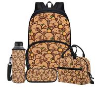 Jeiento Schulranzen-Set für Jungen und Mädchen, 43,2 cm, mit isolierter Lunchtasche, Federmäppchen, Wasserflasche, Tragetasche, Kinderreise, Tagesrucksack, 4 Stück, Braunes Capybara-Design