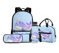 Jeiento Schulranzen-Set für Jungen und Mädchen, 43,2 cm, mit isolierter Lunchtasche, Federmäppchen, Wasserflasche, Tragetasche, Kinderreise, Tagesrucksack, 4 Stück, Cartoon-Wal, Einheitsgröße, Daypack
