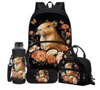 Jeiento Schulranzen-Set für Jungen und Mädchen, 43,2 cm, mit isolierter Lunchtasche, Federmäppchen, Wasserflasche, Tragetasche, Kinderreise, Tagesrucksack, 4 Stück, Capybara mit floralem