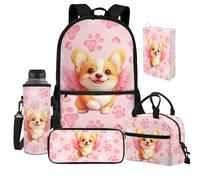 Jeiento Schultasche für Kinder, Jungen, Mädchen, leicht, lässig, Tagesrucksack mit Lunchtasche, Stifttasche, Buchschutz, Wasserflaschenhülle, Happy Welsh Corgi Dog, Einheitsgröße, Daypack Rucksäcke