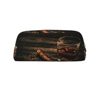 JEJEA Federmäppchen aus Leder mit Zigarren- und Whiskey-Aufdruck, großes Fassungsvermögen, Schreibwaren, Stifttasche, vielseitige Make-up-Tasche, gold, Einheitsgröße, Kulturbeutel