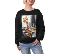 JEJEA Giraffe in New York Print Winter Fleece Gefüttert Warm Casual Tops Damen Oversized Langarm Pullover Fashion Sweatshirt, Schwarz , XL