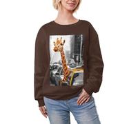 JEJEA Giraffe in New York Print Winter Fleece Gefüttert Warm Casual Tops Damen Oversized Langarm Pullover Fashion Sweatshirt, coffee, S