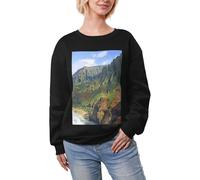 JEJEA Kauai Hawaii Seashore Print Winter Fleece Gefüttert Warm Casual Tops Damen Oversized Langarm Pullover Fashion Sweatshirt, Schwarz , XL