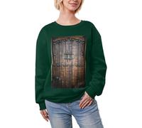 JEJEA Rustikaler Stall Holztür-Druck, Winter, Fleece, gefüttert, warm, lässig, Damen, übergroß, langärmelig, Pullover, modisches Sweatshirt, dunkelgrün, M