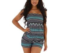 Jela London Damen Bandeau Overall trägerlos Onesie Einteiler Sommer V-Ausschnitt, Zickzack Türkis, 40-42 (XLXXL)