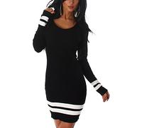 Jela London Damen Feinstrick Strickkleid Stretchkleid Pulloverkleid Longpullover Midi Feinripp Streifen Langarm, Schwarz 36-38