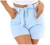Jela London Damen High-Waist Sommer-Shorts Paperbag Gürtel Stretch, Hellblau 36-38 (S/M)