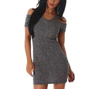 Jela London Damen Schlauch-Strickkleid Cut-Out Träger Etui Stretch Beinschlitz V-Ausschnitt, Grau 36-38