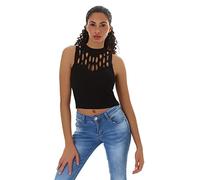 Jela London Damen Sommer Top Cut-Outs Unifarben Feinripp Rückenband, Schwarz