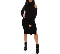 Jela London Damen Strickkleid Rollkragen Cutout Beinschlitz Knielang Midi-Länge Rippoptik, Schwarz 36 38 40