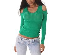 Jela London Damen Sweatshirt Cut-Out Pullover Stretch Sommer-Shirt bauchfrei, Grün 34 (36)