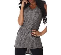 Jela London Damen Vokuhila Long-Top Long-Shirt Hüftschlitz Feinstrick Rippmusterung, Grau 38-40