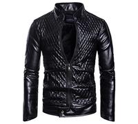 JELLYB Lederjacke Herren Winter Einfachheit Cool Kunstleder Einfarbig Männer Longsleeve Urban Mode Slim Fit Stehkragen Jugend Jacke Rautenmuster Herren Strickjacke A-Black XXL