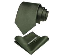 JEMYGINS Herren-Krawatte aus Seide und Krawattenklammern & Taschentuch-Set, Olivgrün