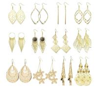 JENCVNL 12 Paar Gold Hängende Ohrringe Set für Damen Mädchen Boho Tropfen Ohrringe Blatt Diamant Blume Lange Bar Quaste Ohrhänger