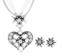 JENCVNL 3 Stück Trachtenschmuck Damen, Oktoberfest Bayerisch Dirndlschmuck Trachtenkette mit Strass Edelweiß Herz Anhänger Ohrstecker für Damen für Bierfest Trachten Dirndl Accessoires