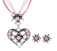 JENCVNL 3 Stück Trachtenschmuck Damen, Oktoberfest Bayerisch Dirndlschmuck Trachtenkette mit Strass Edelweiß Herz Anhänger Ohrstecker für Damen für Bierfest Trachten Dirndl Accessoires