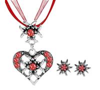 JENCVNL 3 Stück Trachtenschmuck Damen, Oktoberfest Bayerisch Dirndlschmuck Trachtenkette mit Strass Edelweiß Herz Anhänger Ohrstecker für Damen für Bierfest Trachten Dirndl Accessoires