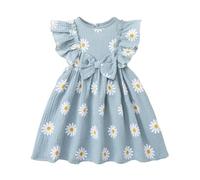 JENJON Kleinkinder Babys Mädchen Boho Leinenkleid Rüschen ärmellos lässig Sommerkleid mit Gänseblümchenmuster für kleine Mädchen Sommer Strand Blaue Gänseblümchen 5-6 Jahre
