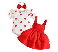 JENJON Sommer Kleidung für Baby Mädchen Niedlicher Süßes Print Kurzarm top mit Trägerrock und Stirnband 3-teiliges Outfit für Neugeborene Set Roter Liebesdruck 3-6 Monate
