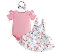 JENJON Sommer Kleidung für Baby Mädchen Niedlicher Süßes Print Kurzarm top mit Trägerrock und Stirnband 3-teiliges Outfit für Neugeborene Set 3Pcs Rosa Schmetterling 3-6 Monate