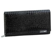 Jennifer Jones - Damen Leder Geldbörse - Geldbeutel mit RFID-Schutz | Großes modisches Portemonnaie in Croco-Optik, Druckknopf, Reißverschluss, viele Fächer (Schwarz)
