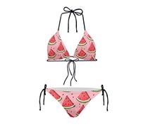 JEOCODY Damen High Waist Neckholder Bikini Set Zweiteilige Badeanzüge String Triangel Bikini Sets, Rosa Wassermelonen-Druck, Medium