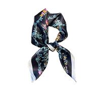 JERLA Quadratischer Schal aus 100% reiner Maulbeerseide, 68 x 68 cm, für Damen und Herren, Naturseide, Halstuch, Kopftuch, Schwarze und blaue Blume, 26.7”X26.7”