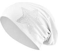 Jersey Baumwolle elastisches Long Slouch Beanie Unisex Herren Damen mit Strass Stern Steinen Mütze Heather in 35 (2) (White)