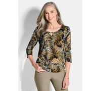 Print-Shirt GOLDNER "Viskosebluse mit Allover-Leo-Druck", Damen, Gr. 44, gelb (honig, gemustert), Obermaterial: 95% Viskose CV. 5% Elasthan EL., Modisch, Shirts, raffinierte Ausschnittlösung (41271431