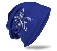 Jersey Slouch Beanie Long Mütze Stern mit Strass Applikation Unisex Unifarbe Herren Damen Trend, Marine, Einheitsgröße