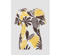 Print-Shirt S.OLIVER, Damen, Gr. 44, beige schwarz, Jersey, Obermaterial: 50% Baumwolle, 50% Modal, bedruckt, geblümt, casual, regular fit hüftbedeckend, Rundhals, Kurzarm, Shirts, im O-Shape mit Cut-