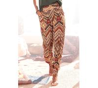 Jerseyhose LASCANA, Damen, Gr. 46, N-Gr, braun (braun, bedruckt), Jersey, Obermaterial: 100% Viskose, bedruckt, ethno, modisch, figurumspielend lang, Hosen, mit Ethnoprint und Taschen, lockere Passfor