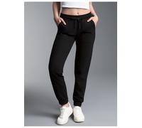 Jerseyhose TRIGEMA "TRIGEMA Bequeme Jogginghose mit großen Taschen", Damen, Gr. M, Normalgrößen, schwarz, Sweatware, 55% Polyester, 45% Baumwolle, Hosen Jerseyhose (42397833-M) schwarz
