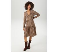 Jerseykleid ANISTON CASUAL, Damen, Gr. 46, N-Gr, braun (beige, braun, sand), Single Jersey, Obermaterial: 95% Viskose, 5% Elasthan, bedruckt, gemustert, figurumspielend kniefrei, V-Ausschnitt, Kleider