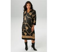 Jerseykleid ANISTON PLUS, Damen, Gr. 44, N-Gr, schwarz (schwarz, beige), Jersey, Obermaterial: 85% Viskose, 10% Polyester, 5% Elasthan, gemustert, figurumspielend kniebedeckend, V-Ausschnitt, mit Schl