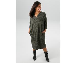 Jerseykleid ANISTON PLUS, Damen, Gr. 46, N-Gr, beige (beige, schwarz), Jersey, Obermaterial: 70% Polyester, 28% Viskose, 2% Elasthan, gemustert, figurumspielend kniebedeckend, V-Ausschnitt, mit Schlit