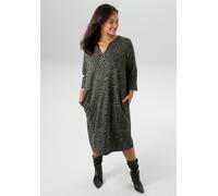 Jerseykleid ANISTON PLUS, Damen, Gr. 50, N-Gr, beige (beige, schwarz), Jersey, Obermaterial: 70% Polyester, 28% Viskose, 2% Elasthan, gemustert, figurumspielend kniebedeckend, V-Ausschnitt, mit Schlit