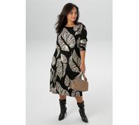 Jerseykleid ANISTON PLUS, Damen, Gr. 52, N-Gr, schwarz-weiß (schwarz, sanftes weiß), Milano Rib, Obermaterial: 70% Viskose, 25% Polyester, 5% Elasthan, gemustert, figurumspielend kniebedeckend, Rundha