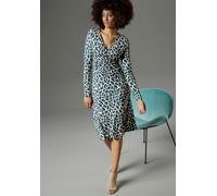 Jerseykleid ANISTON SELECTED, Damen, Gr. 38, N-Gr, blau (beige, blau, gemustert), Single Jersey, Obermaterial: 95% Viskose, 5% Elasthan, animal-print, gemustert, figurbetont knieumspielend, V-Ausschni