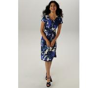 Jerseykleid ANISTON SELECTED, Damen, Gr. 38, N-Gr, blau (marine, beige, royalblau, hellblau), Single Jersey, Obermaterial: 95% Viskose, 5% Elasthan, bedruckt, geblümt, figurbetont knieumspielend, Rund