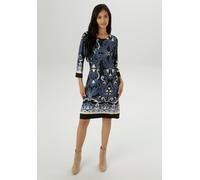 Jerseykleid ANISTON SELECTED, Damen, Gr. 38, N-Gr, schwarz, beige, blau, weiß, Milano Rib, Obermaterial: 85% Viskose, 10% Polyester, 5% Elasthan, bedruckt, gemustert, figurumspielend kniefrei, Rundhal
